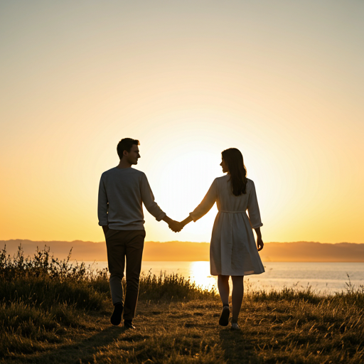 Pareja romántica caminando de la mano al atardecer