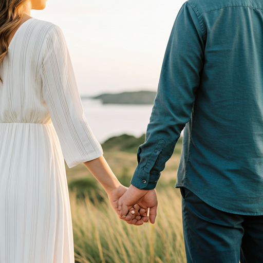 Pareja romántica caminando de la mano al aire libre